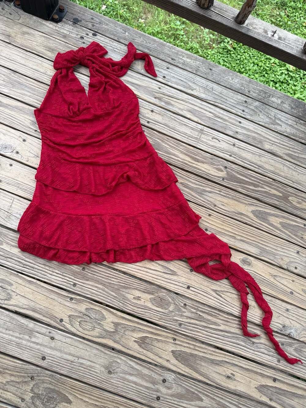 Red Halter Neck Asymmetrical Ruffle Mini Dress